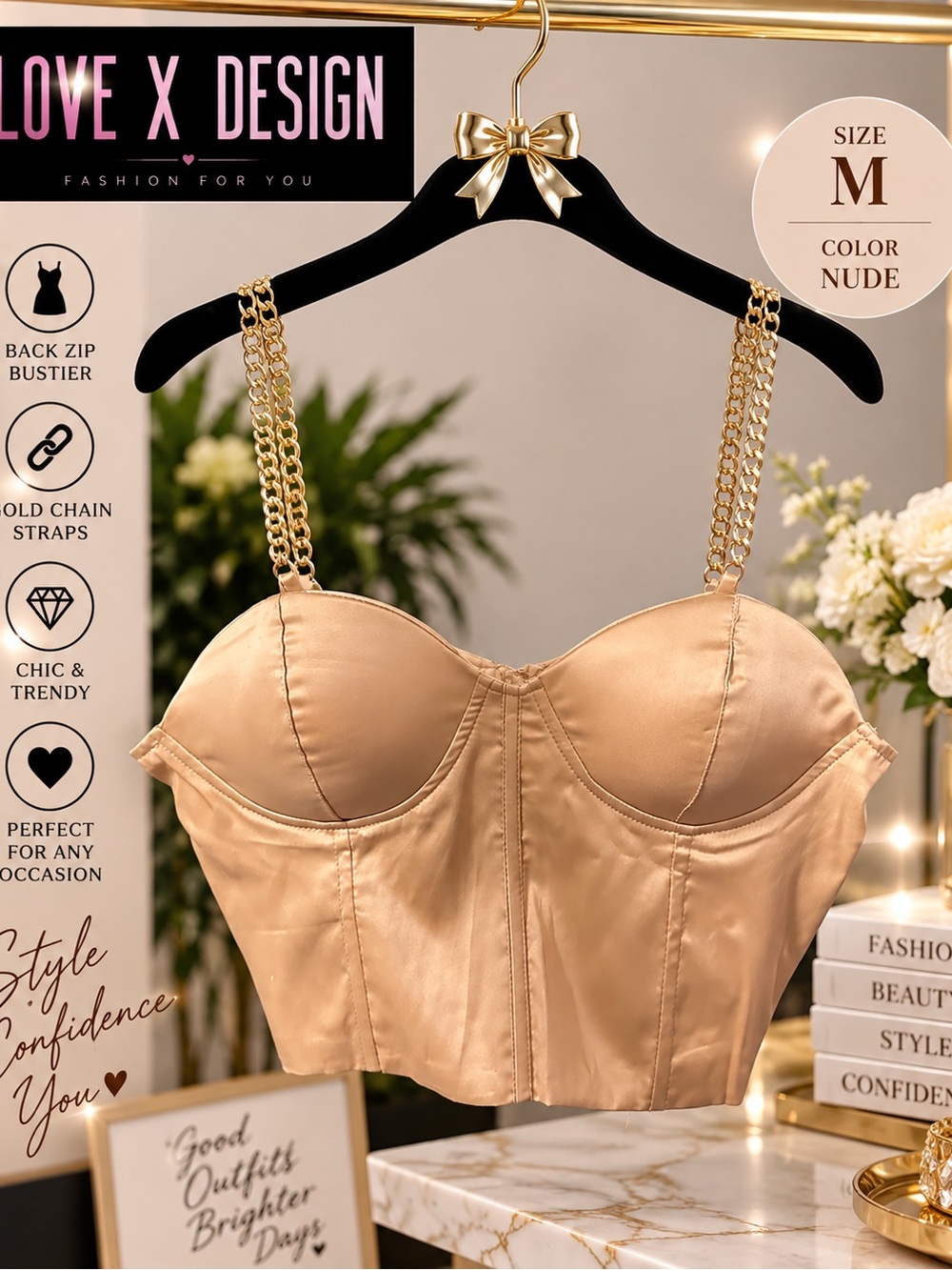 Nude Satin Bustier with Gold Chain Straps - M